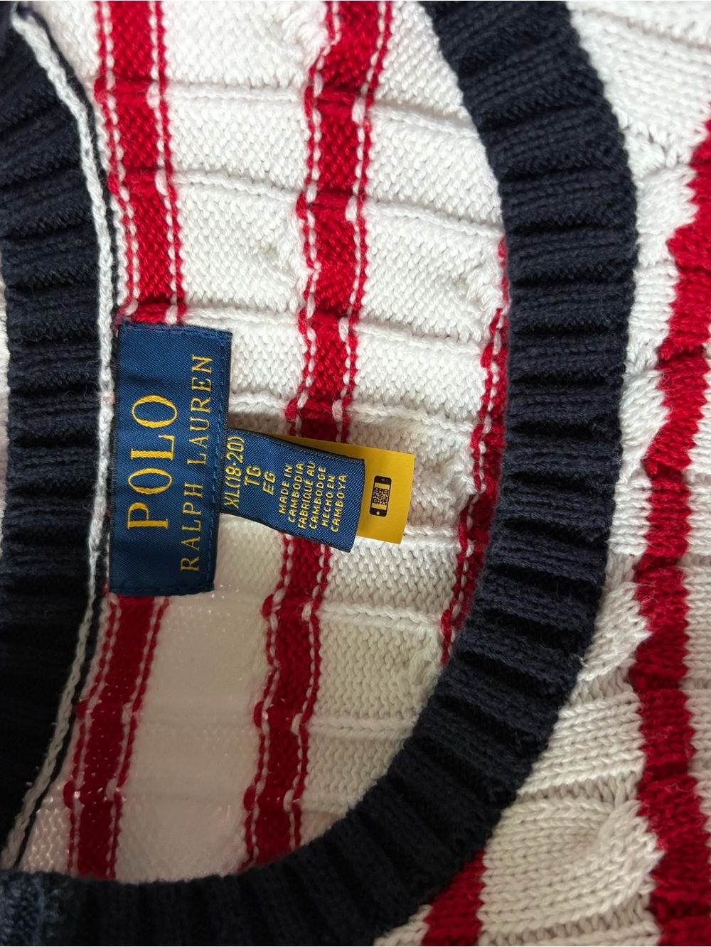 POLO RALPH LAUREN Boys sz XL 18-20 Cable Knit Sweater White Red Striped - Picture 6 of 8